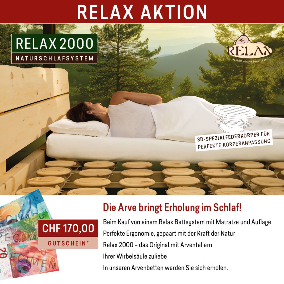 Wir haben wieder eine Relax Aktion, beim Erwerb vom Tellerrost mit Matratze und Auflage erhalten Sie Fr. 170.- Ermässigung Wir haben wieder eine Relax Aktion, beim Erwerb vom Tellerrost mit Matratze und Auflage erhalten Sie Fr. 170.- Ermässigung