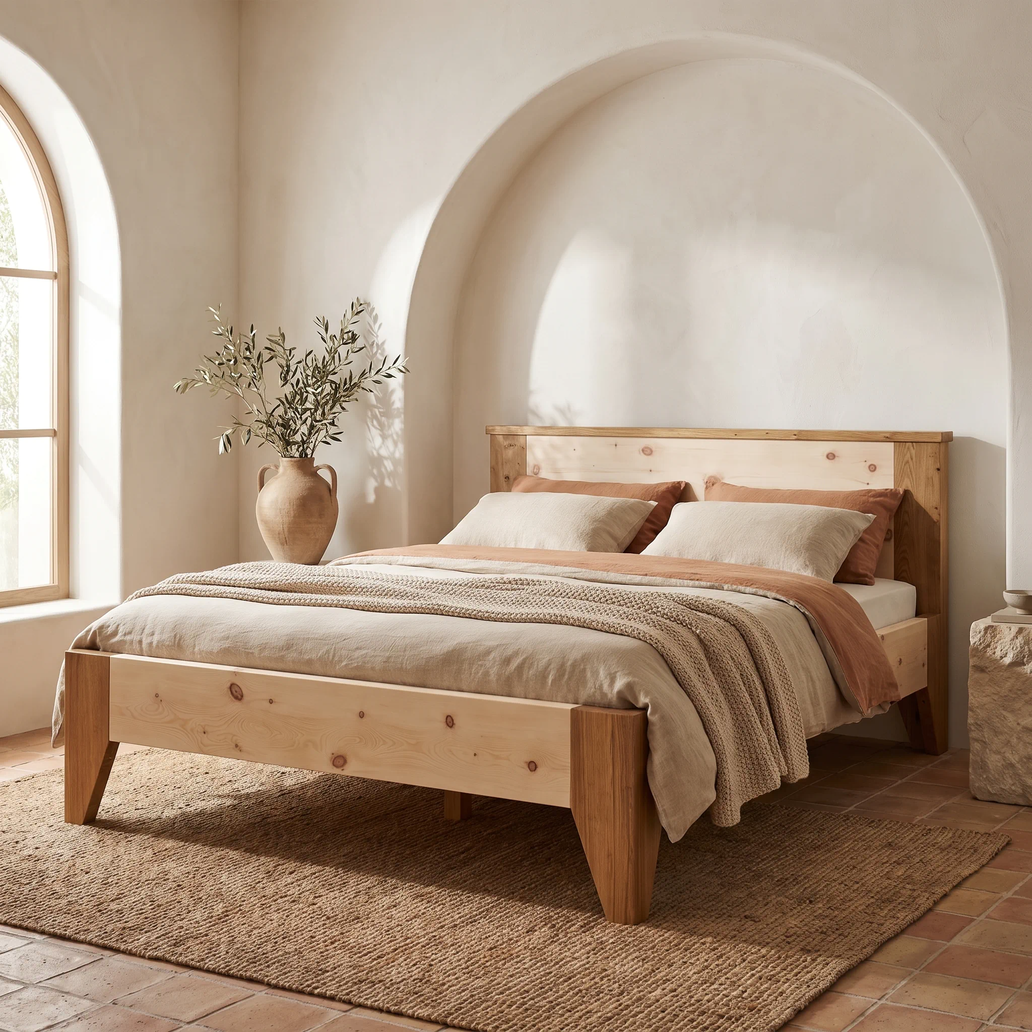 Bett Claudia 160 mit hoher gerader Rückwand in Eiche-Arve, mit Sims beim Kopfteil oben